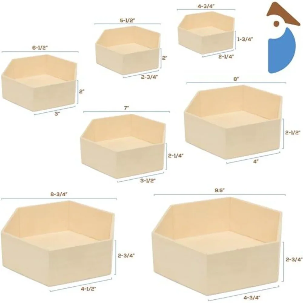 New Wooden Hexagon Floating Shelves with Backs, 2 Sets of 7, Unfinished